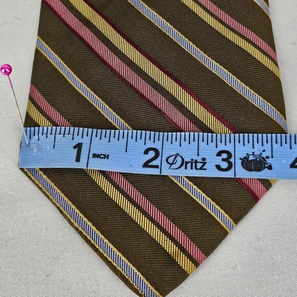 J CREW VINTAGE MEN'S 100% SILK BROWN/GOLD/PINK WHITE STRIPED NECK TIE - Picture 7 of 8